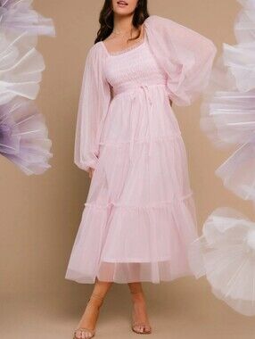 Listicle Smocked Mesh Tulle Tiered Dress